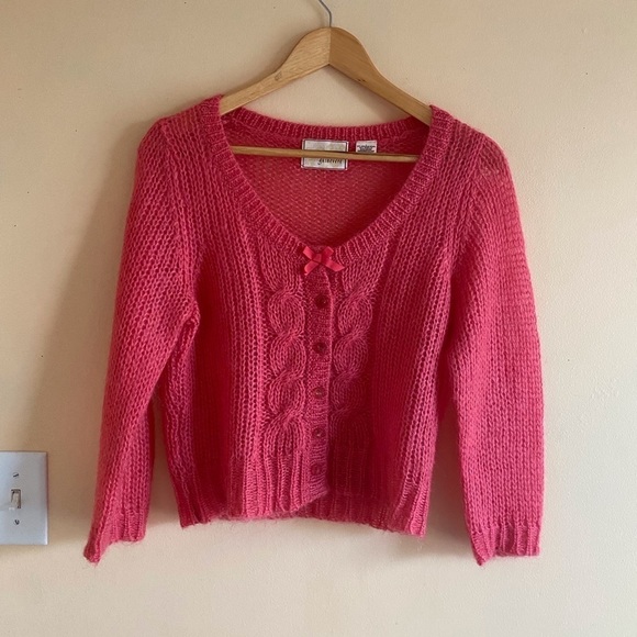 GUINEVERE Womans Large Mohair Cropped Cable Knit Long Sleeve V Neck Cardigan - Picture 2 of 12